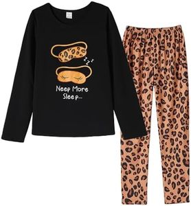 VENTELAN Womens Pajama Set Long Sleeve Pajamas Top and Pants V Neck 2 Piece Pjs Set Soft Sleepwear Loungewear,Brown Leopard,M