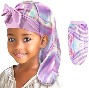 Lolalet Kids Bonnets for Girls, Long Silk Bonnet for Sleeping Kids Satin Bonnet Cap with Tie Band for Dreadlocks Braid Afro Curly Hair -1 PCS, Laser