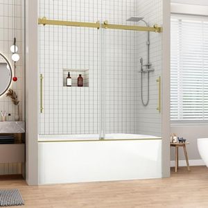 Sunrosa Frameless Tub Shower Door 60" W x 60" H, Shower Door Clear Tempered Glass 5/16"(8mm), Double Sliding Shower Door with Handle, Tub Door Adjustable in Brushed Gold