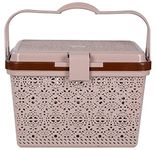 Nayasa Flower Picnic Basket | Plastic Multipurpose Basket with Lid | Sleek & Durable Organizer Basket with Lid | Ideal for Outdoors | Strong & Sturdy Handle | Light Brown