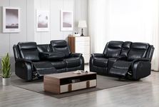 Roma Leather Recliner Sofa with Cup Holders And Console (Black, 3+2 Seater)