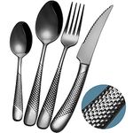 Xideman® 24-Piece ​Modern Black Hammered Cutlery Set with Ultra Sharp 2-in-1 Serrated Knive, 18/10 Stainless Steel Silverware Set, Titanium ​Plated Flatware Set for 6 People, Knives Forks Spoons Set