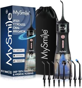 MySmile LP221 Self Cleaning UVC Light Cordless Water Flossers for Teeth 335ML Portable OLED Display Dental Flosser with 4 Modes 8 Jet Tips and a Storage Pouch for Home and Travel (Midnight Black)