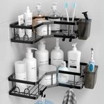 Corner Shower Caddy: 2 Pack Adhesive Shelf Decor - No Drilling Stainless Steel Storage Rack with Hooks and Toothpaste Holder - Bath Accessories