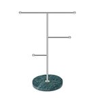 Jewelry Organizer,Metal T-Bar Necklace Display Stand Earrings Holder for Home, Hanging Pendant Rack with Marble Pattern Round Tray for Bracelets Rings Watches (B-Blue)