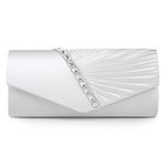 Damara Womens Pleated Crystal-Studded Satin Handbag Evening Clutch,White