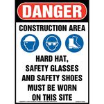 Danger: Construction Area, PPE Must Be Worn Sign - J. J. Keller & Associates - 10" x 14" Plastic with Rounded Corners for Indoor/Outdoor Use