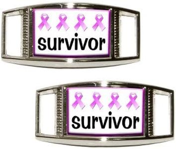 Breast Cancer Ribbons Survivor Shoe Sneaker Shoelace Charm Rectangular Decoration - Set of 2