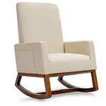 COSTWAY Relax Rocking Chair, Linen Fabric Upholstered Rocker Accent Chair with Solid Wood Legs and Side Pocket, Modern High Back Leisure Lounge Armchair for Living Room Bedroom Nursery (Beige)