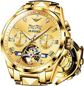 OLEVS Gold Watches for Men Luxury Gold Mechanical Skeleton Self Winding Watch Automatic Tourbillon Men's Wrist Watch Big Face Waterproof Dress Diamond Golden Mens Watches