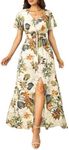 Floral Maxi Dress Women Button Up Split Print Flowy Party Dress, Leaf Beige, Small