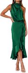 KIRUNDO Womens 2024 Summer Satin Mock Neck Party Cocktail Midi Dress Sleeveless Wrap Ruffle Mermaid Hem Formal Dresses(Deep Green, X-Large)