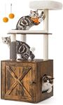 Feandrea Cat Tree with Litter Box Enclosure, 2-in-1 Modern Cat Tower for Indoor Cats, 52.8-Inch Cat Condo with Self Groomer, Scratching Posts, Washable Cushions, Rustic Brown UPCT115X01