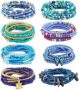 ELABEST 50” Tie-on African Waist Beads for Women Non Stretching 8Pcs Belly Beads Plus Size Colorful Handmade Beaded Waist Jewelry Accessories Body Chain(Blue)