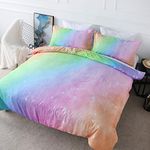 BlessLiving Girly Duvet Cover Rainbow Glitter Ombre Bedding Sets 3 Pcs Chic Unicorn Pink Purple Blue Green Pastel Bed Spreads Sparkle Quilt Cover Set with 2 Pillow Cases for Kids Teens Girls (Double)