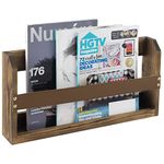 MyGift Wall Mounted Magazine Holder Rustic Burnt Solid Wood Double Wide Magazine Rack with Decorative Caramel Brown Leatherette Rail, Mid Century Organizer Storage Rack