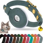 OOPSDOGGY Reflective Leather AirTag Cat Collar with Bell - Non Breakaway Adjustable Pet Collar with Apple Air Tag Holder - Lightweight GPS Kitten Collars for Small Dogs Puppy (Denim)