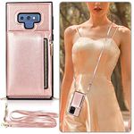 Ranyi Galaxy Note 9 Case, Women Girl Detachable Crossbody Strap Lanyard Wallet Case with Card Holder Slots Kickstand Feature Protection Zipper Wallet Purse Case for Samsung Galaxy Note 9 -Rose Gold