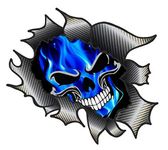 Classic Carbon Rip Ripped Torn Metal Design With Electric Blue Flames Gothic Skull Motif Vinyl Car Sticker Decal 105x130mm