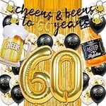 60th Birthday Decorations for Men, Happy 60th Birthday Decorations with 40 Inch Gold 60 Number Balloons, Birthday Banner, Latex Balloon, Fringe Curtains and Foil Balloons