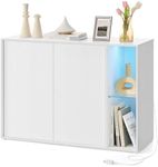 SONGMICS HOME Superfast Toolless Assembly, Storage Cabinet, Accent Buffet Cabinet with Lighting and Glass Shelf, Sideboard, Minimalist, Snow White UBBK372W02