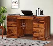 Krishana Art Palace Sheesham Wood Wooden Study Writing Desk Table for Office | Laptop Computer Table with 6 Drawers for Home and Office | Sheesham Solid Wood Study Table, Honey Oak Finish,