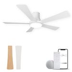 52 Inch Ceiling Fan with Light, Flush Mount Ceiling Fan with 5 Blades, Dimmable, Reversible Motor, 3-Colors Temperatures, 6 Speeds, White Ceiling Fan with Remote for Bedroom