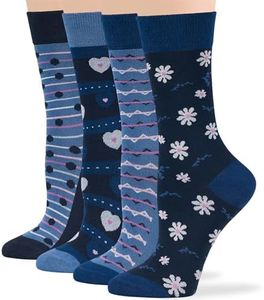 7BIGSTARS KINGDOM Women Viscose From Bamboo Novelty Crew Socks - 4 Pack Large - Heart, Dot, Flower - Casual Seamless, Dark Navy, Estate Blue, Denim Blue Sock Size 10-12 Shoe Size 8-12 L