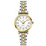 SK Classic Women Watches Fashion Ladies Dress Watch Solid Stainless Steel Band Genuine Leather Strap (Silver-Gold)