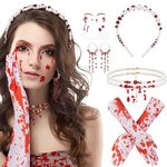 HOWAF Halloween Dripping Blood Necklace Halloween Blood Choker Necklace Pearls Earrings Halloween Headband Bloody Gloves Blood Tattoo Face Stickers for Women Girls Zombie Vampire Halloween Costume