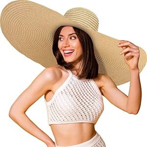 Oversized Sun Straw Hat for Women, UPF 50+ Floppy Wide Brim Summer Hat, Foldable Roll Up Travel Hat Beach Hats for Women, Tan 11.8 Inches Brim Width, One Size