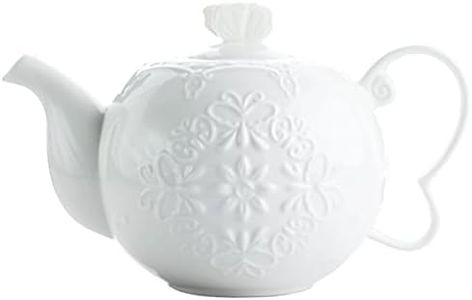 Sizikato White Porcelain Teapot with Lid, 30oz Coffeepot, Flower and Butterfly Embossed