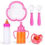 Aolso 6 Pcs Baby Doll Feeding Set, 2 Pcs Magic Baby Doll Milk Bottle and 1 Pcs Dummy, Spoons and Forks and 1 Dinner Plate, Baby Doll Feeding Accessories, Easy for Small Hands, Gift for Boy and Girl