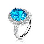 Uloveido Adjustable Big Oval Cubic Zirconia Ring, Solitaire Split Shank Rings Wedding Engagement Jewelry (Created Blue Topaz)