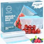 60 Pcs Environex Half Gallon Reusable Ziplock Bags for Leftovers, Leak proof, Freezer, & Microwave Safe with Expandable Bottom, Durable Food Bags, Easy open, Seal Tight (26cm x 16.5cm + 6cm, 2.27L)