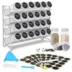 Mutool 4 Tier Spice rack Free standing Metal Kitchen Shelf,Plastic Spice Bottle Jars Storage Tidy Condiment holder for Countertop Cabinet, with 24 Spice jars,80 labels,1 pen,1 funnel(Silver grey)