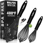 Walfos Silicone Whisk, Stainless Steel Wire Whisk Set of 3 -Heat Resistant Kitchen Whisks for Non-stick Cookware, Balloon Egg Beater Perfect for Blending, Whisking, Beating, Frothing & Stirring, Blac