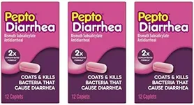 Pepto Bismol Diarrhea Caplets, Anti Diarrhea Medicine Coats Stomach for Fast Diarrhea Relief, 12 ct (Pack of 3)