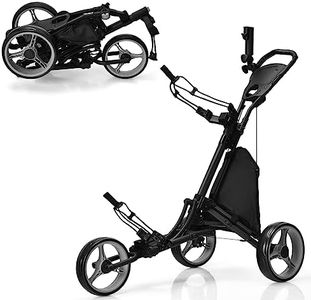 COSTWAY Carro de Golf de Empuje con 3 Ruedas, Carrito de Golf Plegable con Bolsa Recubierta en Aluminio, Tira elástica, Paraguas Regulable y Portavaso, Marcador y Freno de Pedal (Gris)