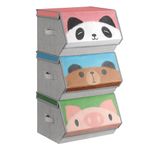 SONGMICS Kids Storage Organisers, Set of 3, Stackable Toy Organiser Boxes, Folding Organisers with Handles, Magnetic Lid, for Kid's Room, Playroom, Pink, Blue, Green and Grey RFB760P02