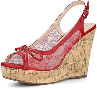 Allegra K Women's Platform Heels Bow Lace Wedge Red Sandals 5.5 M US