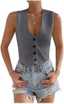 SHENHE Women's V Neck Sleeveless Button Down Crop Vest Top Blazer Coat Office Suit Dark Grey Large