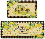 cusugbaso Lemon Kitchen Mats Set of 2, Lemon Kitchen Decor Rugs Farmhouse Truck Mat for Floor, Plaid Spring and Summer Lemon Decorations for Home 17"x27+17"x47"