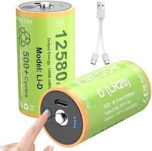 ENEGON 2 Pack D Batteries 12580mWh Rechargeable, 1.5V LR20 Battery with USB-C Cable for Floodlights, Camping Lights, Radios, Security Light, LED Display
