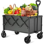 Wagon Cart Heavy Duty Foldable, Collapsible Folding Wagon with Compact Folding Design, Utility Grocery Wagon with Side Pocket and Brakes for Shopping, Sports, Camping and Garden