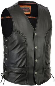 Daniel Smart Men's Black Faux Leather Biker Vest - V Neck Motorcycle Vest with Braided Detail, Side Lacing & Smart Pockets