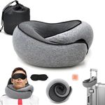 Travel Neck Pillow, Memory Foam Travel Neck Pillow, 360 Degree Comfort and Breathability, for Airplane, Cars, Office, with 3D Eye Cups, Ear Plugs and Storage Pouch, Pillow with Washable Cover (Grey)