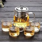 ANKUL Borosilicate Square Glass Tea Pot with Heat Resistant Stainless Steel Infuser Perfect for Tea and Coffee Maker, Clear Glass Kettle with 4 Cups (750 ml, Round with Cup)