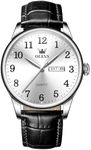 QBAIZI Black Leather Strap Watch for Men Silver,Casual White Mens Watches with Day and Date,Waterproof Round Men's Wrist Watches Large Face,Business Analog Quartz Dress Watch for Men Easy Read