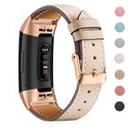 Mornex Strap Compatible for Fitbit Charge 3 Strap/Charge 3 SE/Charge 4 Leather Band, Classic Adjustable Replacement Wristband Fitness Accessories Metal Connectors,Rose Gold-Beige